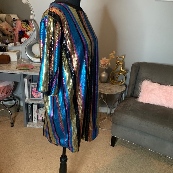 Multi Colored Three Quarter Sleeve Sequin Mini Dress - Picture 2 of 3